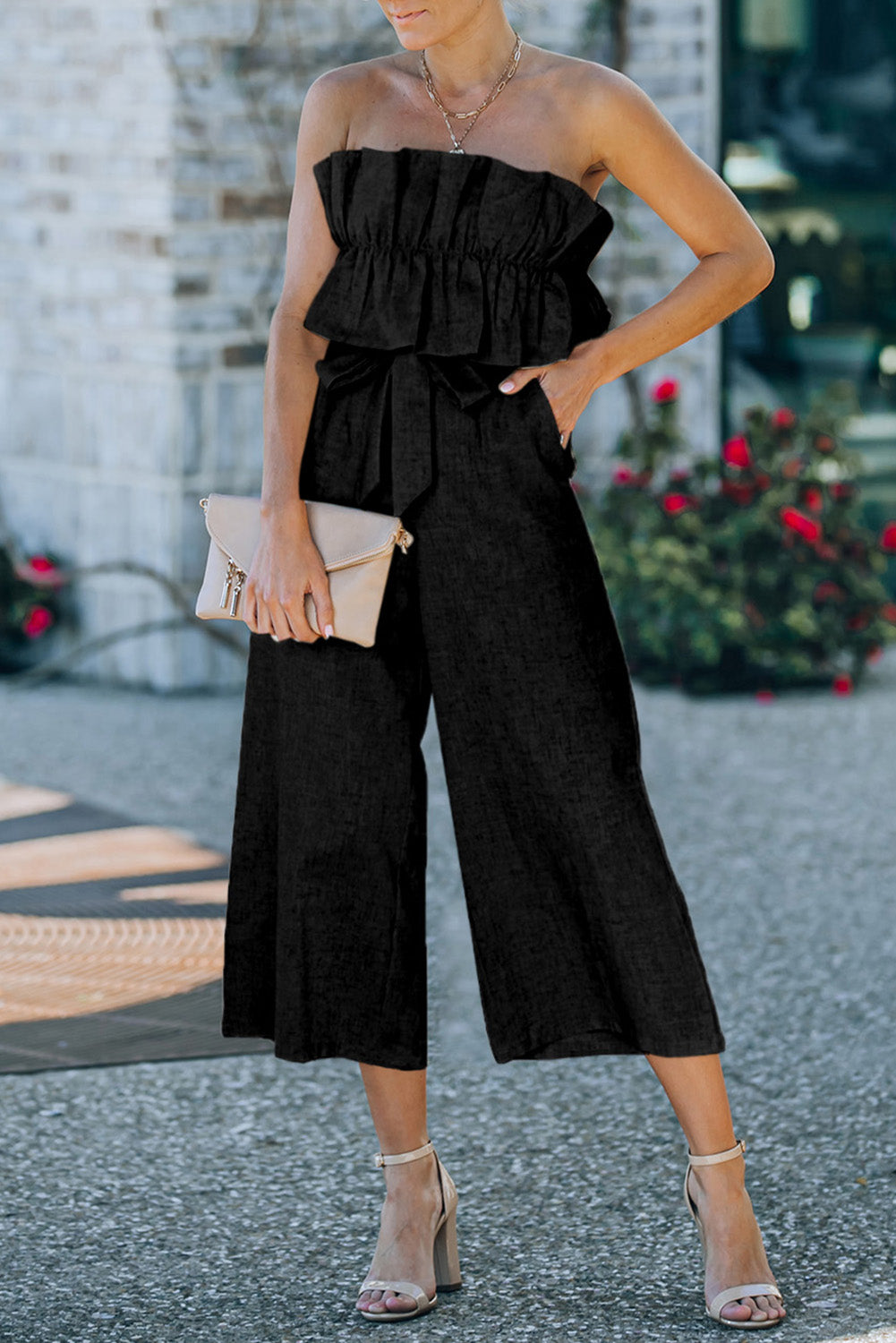 Beige Elegant Ruffled Strapless Wide Leg Jumpsuit
