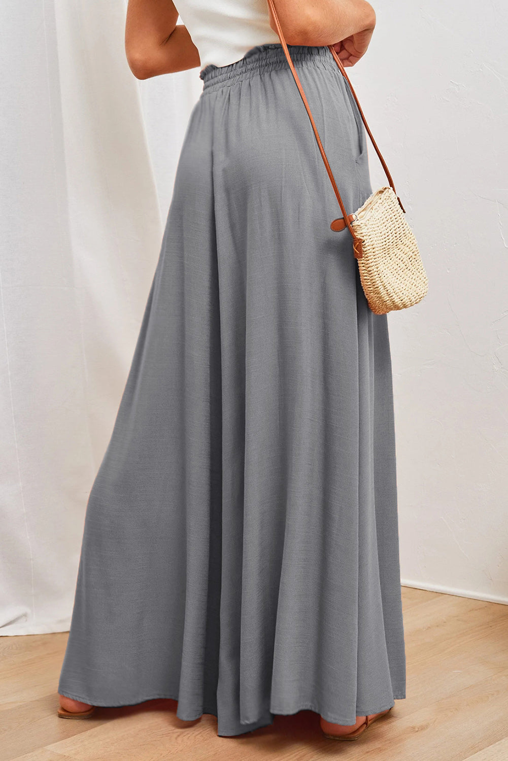 Beige Drawstring Smocked High Waist Wide Leg Pants