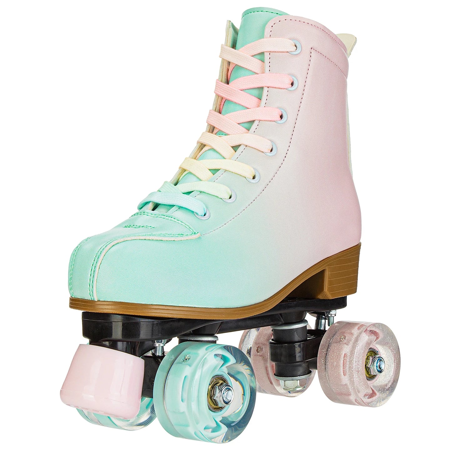 Green Pink Suede Quad Roller Dance Skates with LED Wheels