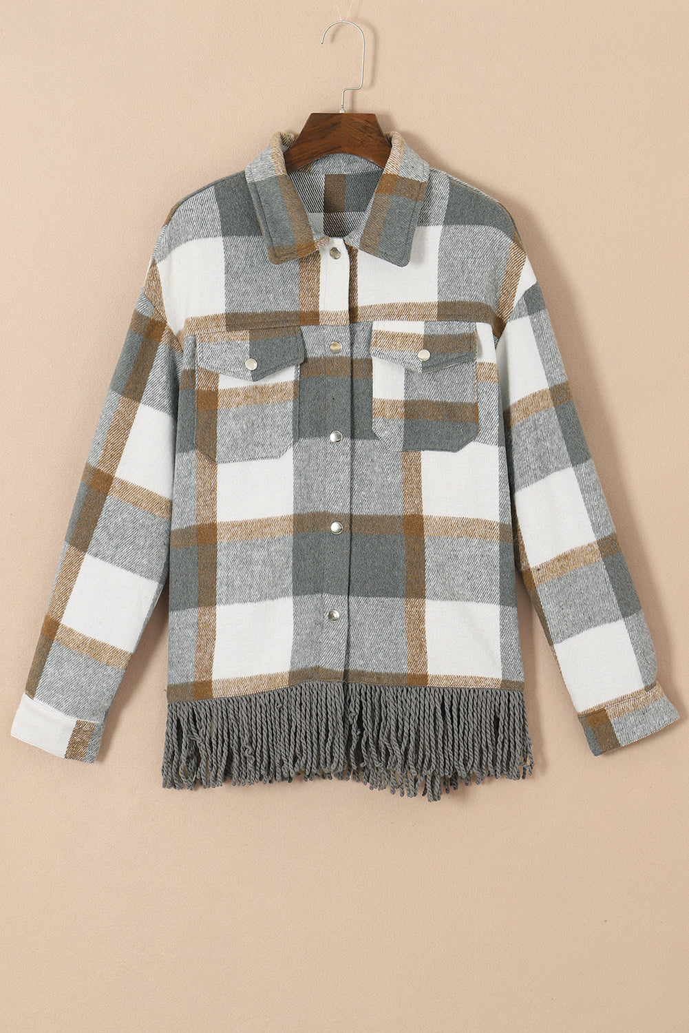 Black Plaid Snap Button Pocket Fringed Hem Shacket