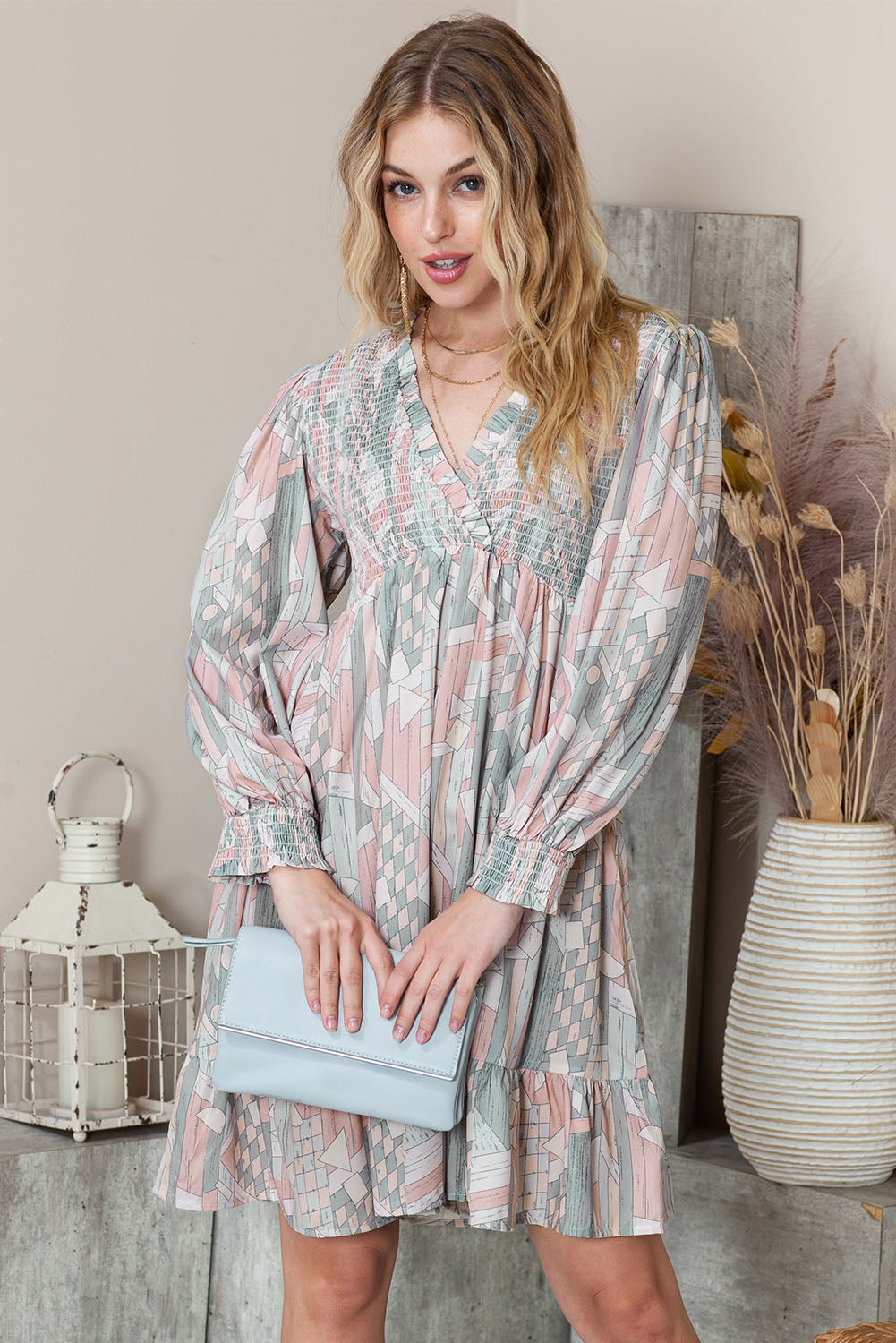 Multicolor Abstract Print Bishop Sleeve Smocked V Neck Dress
