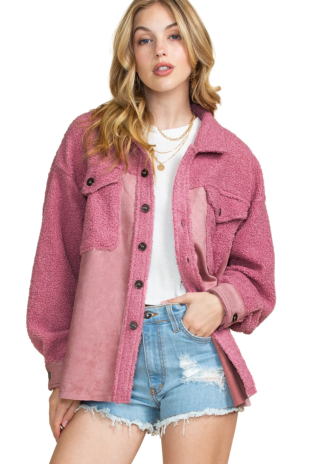 Pink Colorblock Buttoned Flap Pocket Sherpa Jacket