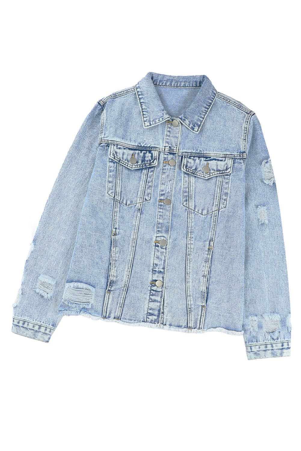Black Casual Distressed Raw Hem Buttons Denim Jacket