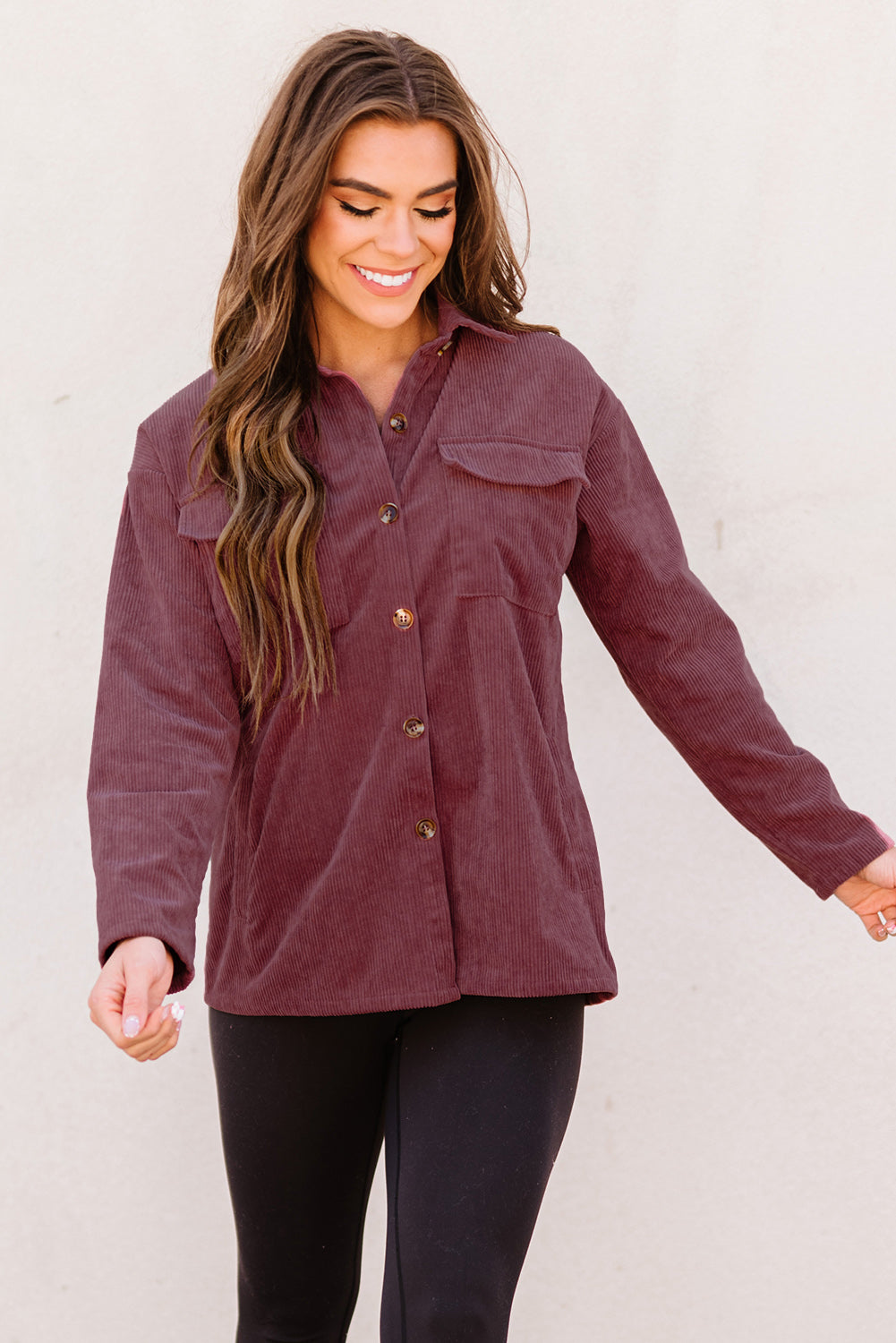 Pocketed Button Ribbed Textured Shacket