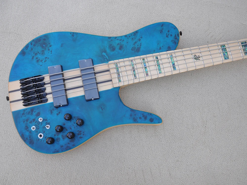 Blue 5 Strings Neck-thru-body Electric Bass Guitar with Burl Maple Veneer