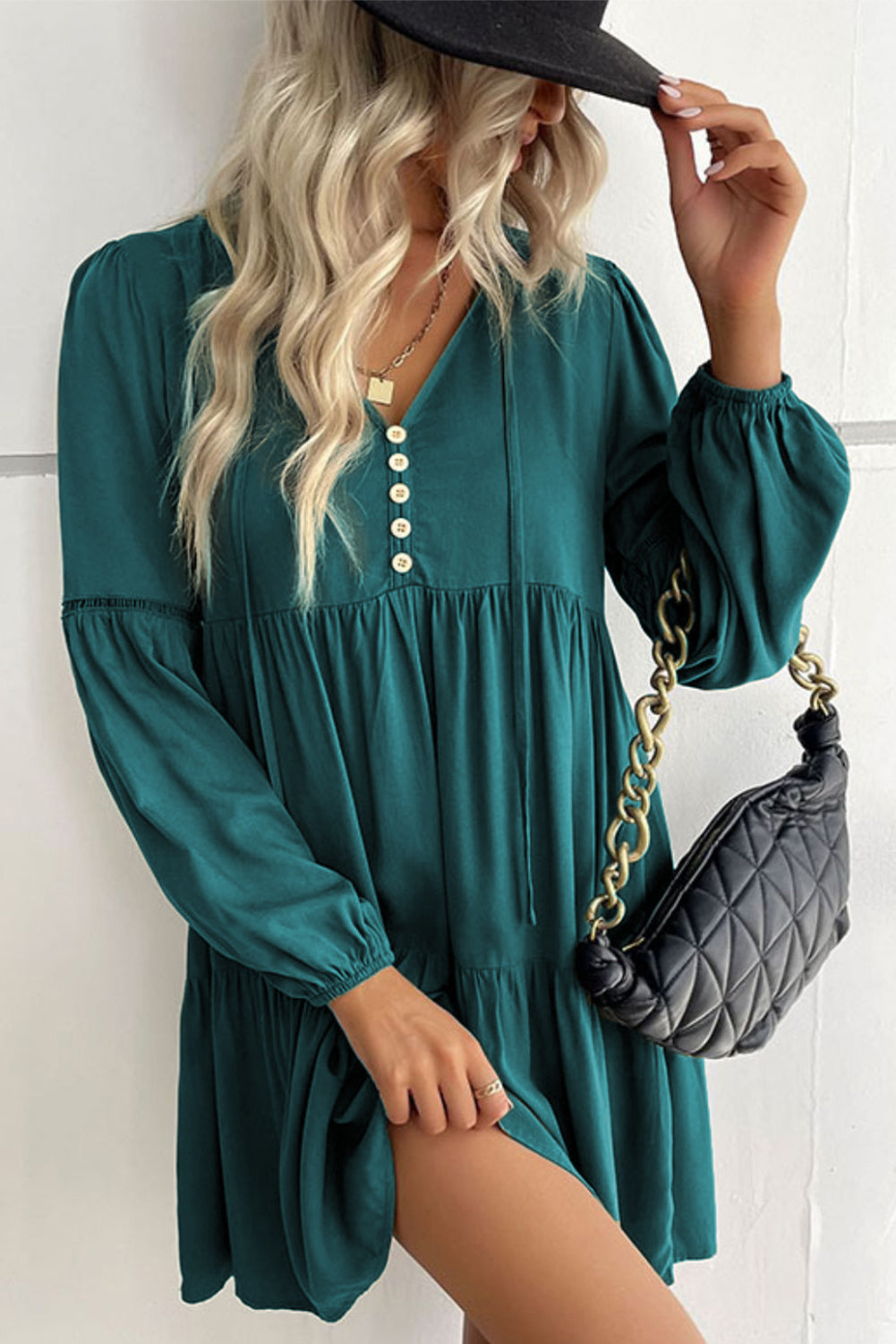 Verdant Bishop Sleeve Tie Front Tiered Pleated Short Dress