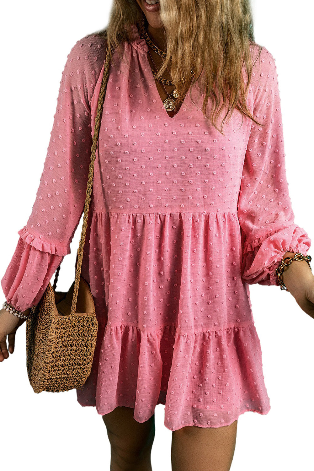 Pink Swiss Dotted Split Neck Tiered Ruffled Short Dress