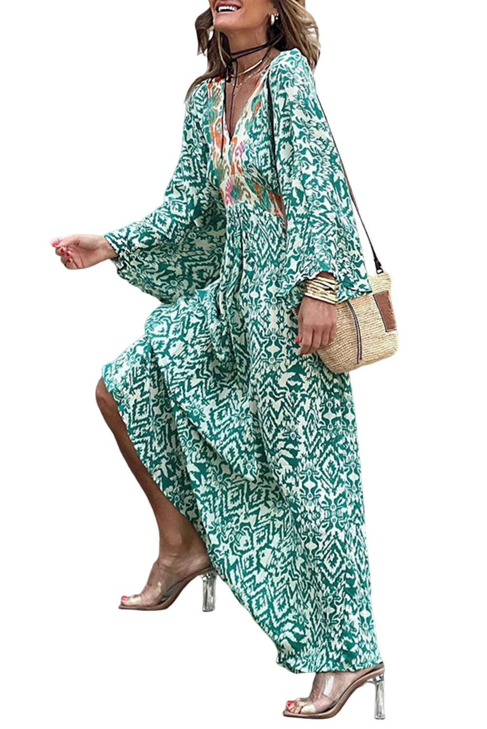 Green Abstract Pattern Print V Neck High Waist Maxi Dress