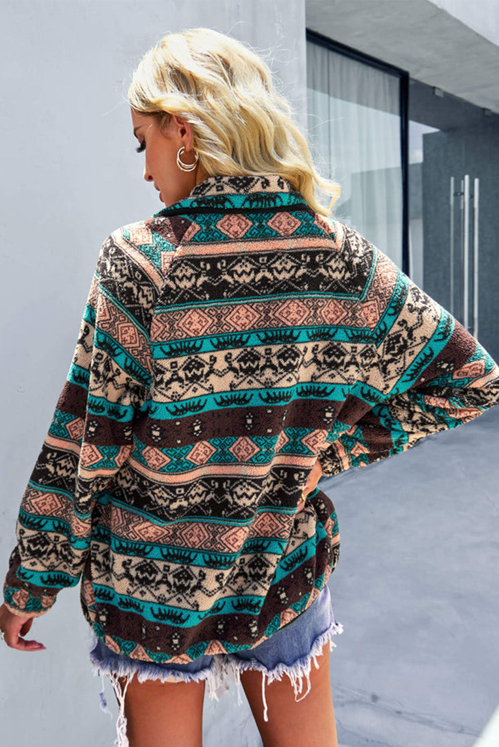 Pink Geometric Colorblock Snap Button Sherpa Jacket