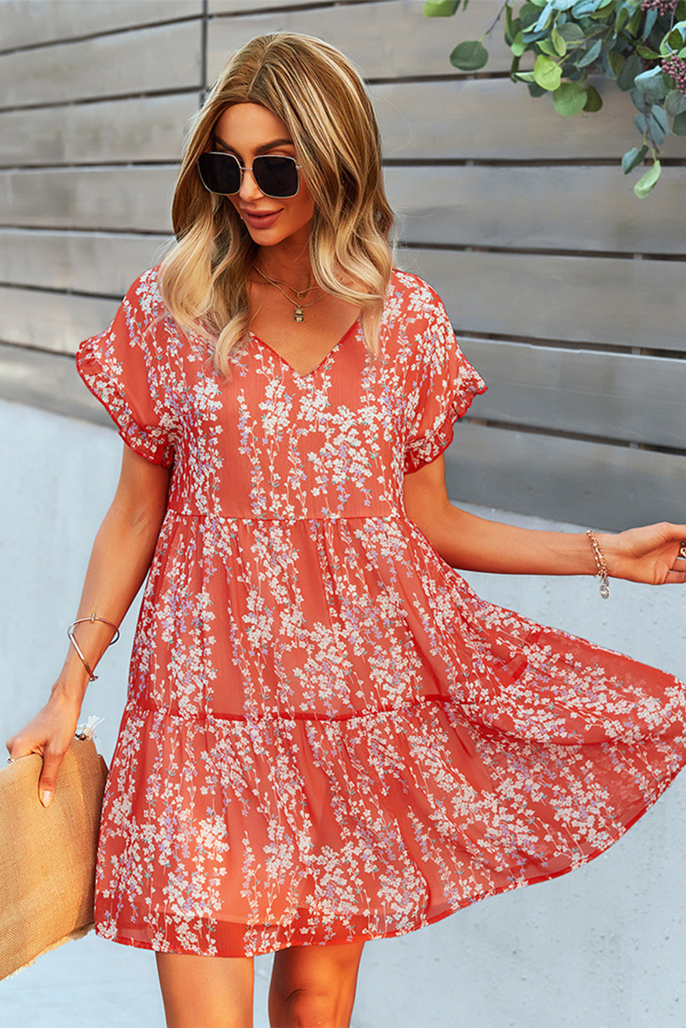 Red Floral Print V Neck Ruffle Short Dress