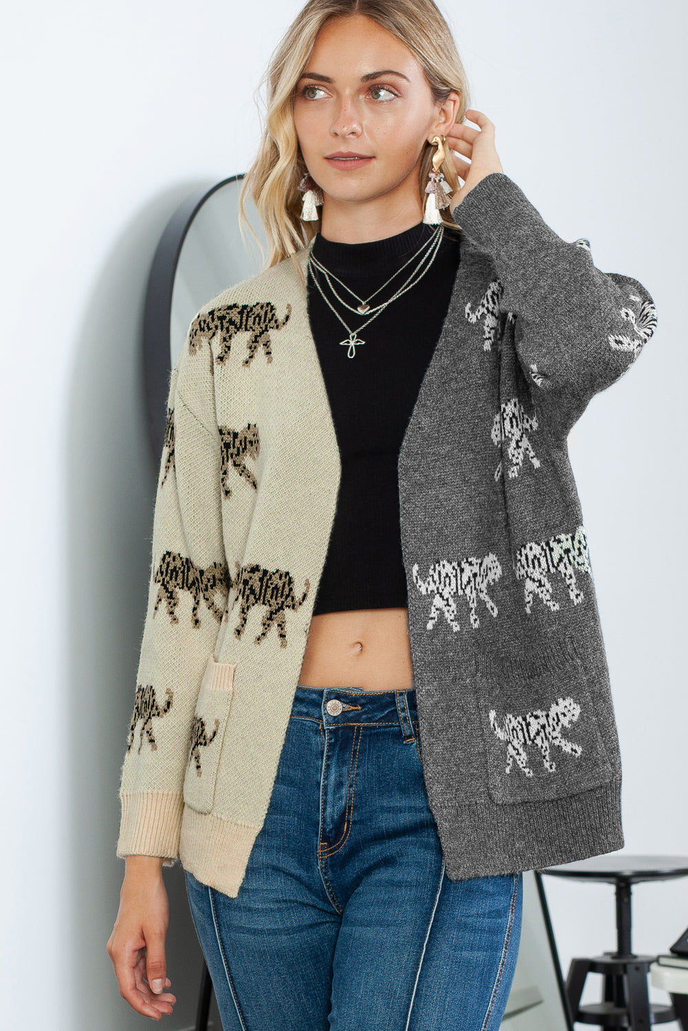 Animal Print Color Block Open Front Knitted Cardigan with Pockets