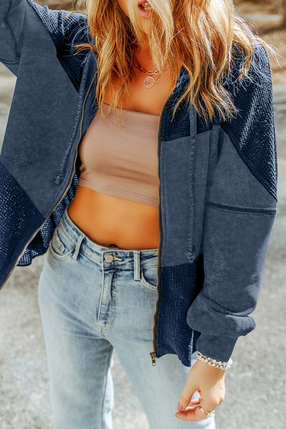 Khaki Dark Washed Patchwork Zip Up Hooded Jacket