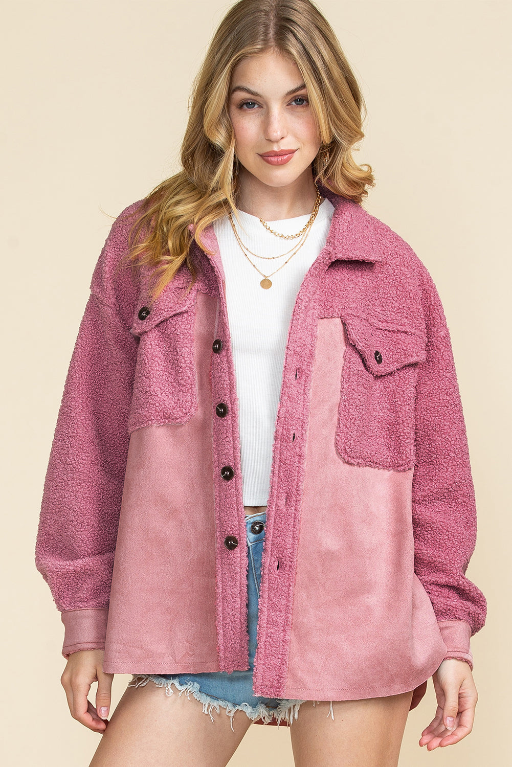 Pink Colorblock Buttoned Flap Pocket Sherpa Jacket