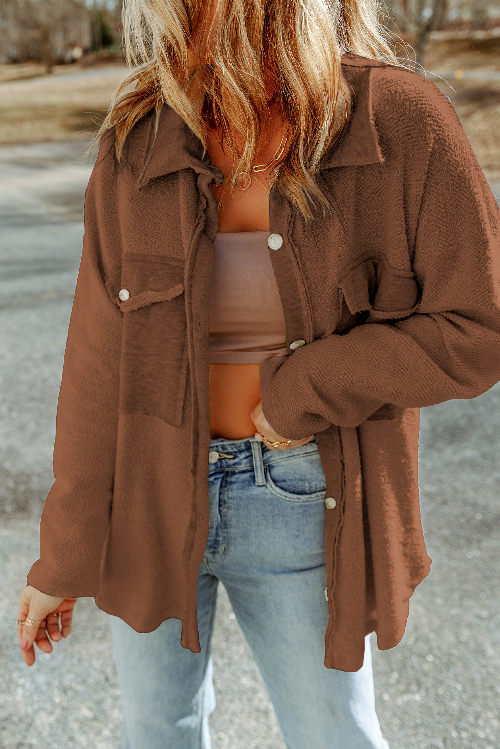 Black Plain Textured Button Up Shirt Shacket with Flap Pockets