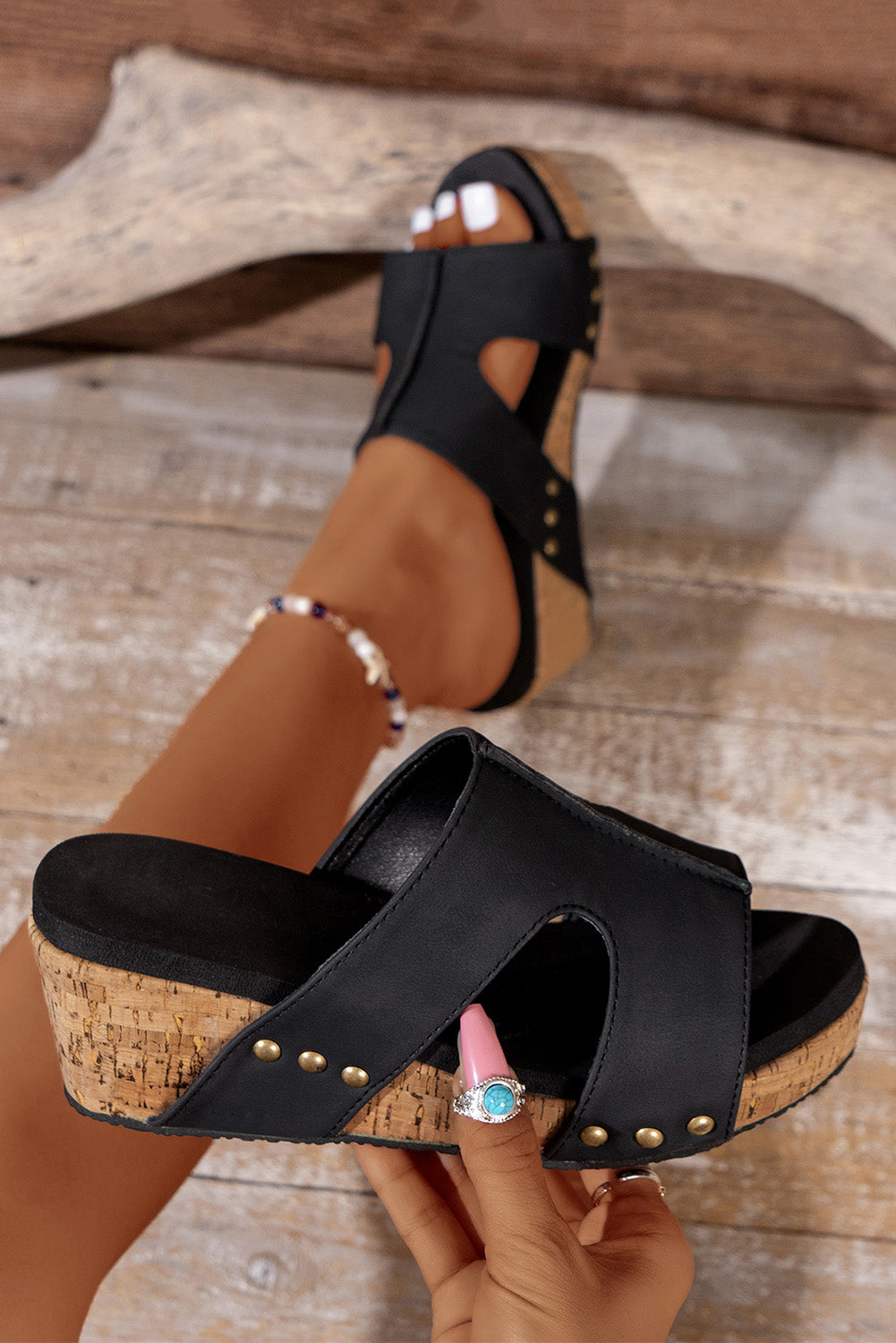 Brown Cut Out Rivet Slip-on Wedge Slippers