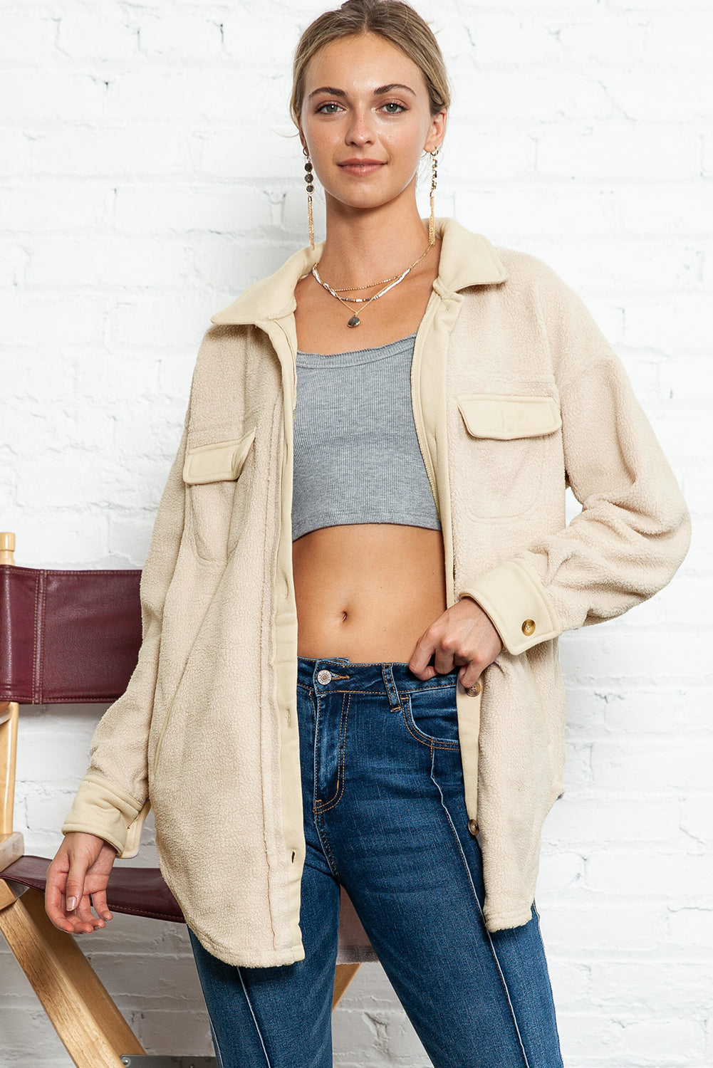 Apricot Button Up Fleece Jacket with Flap Pockets