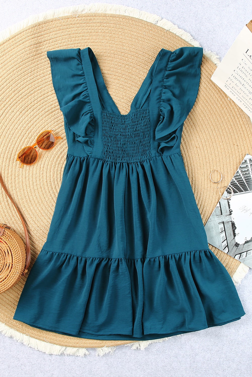 Blue Ruffle Trim V Neck Casual Smocked Back Mini Dress