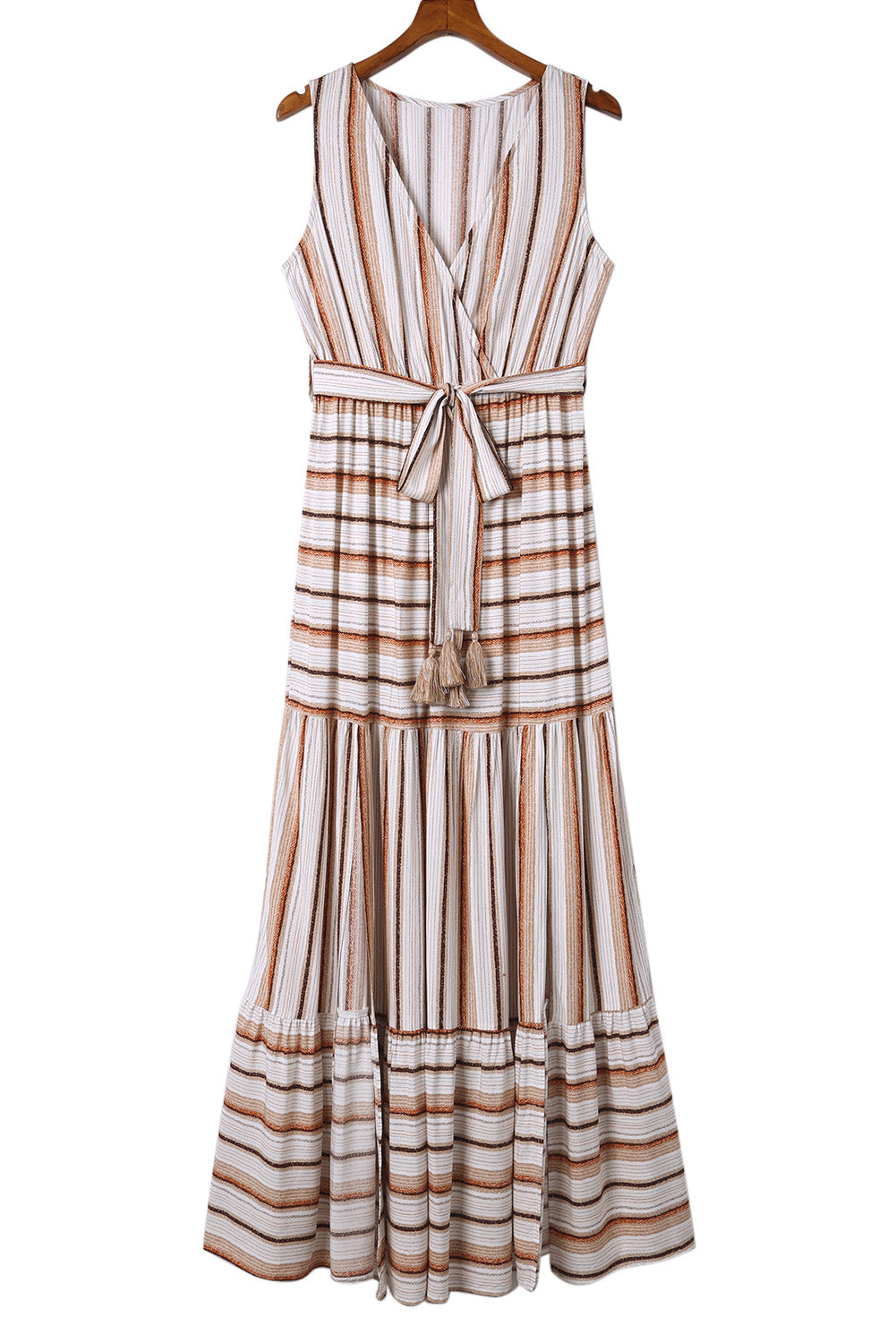 Khaki Casual Striped Split Sleeveless Maxi Dress