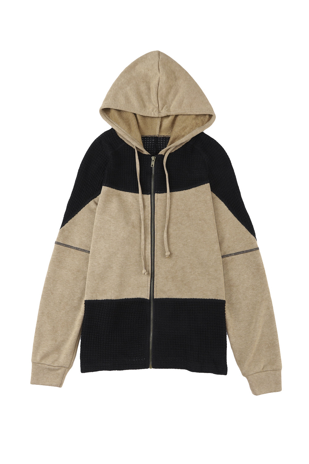 Khaki Dark Washed Patchwork Zip Up Hooded Jacket