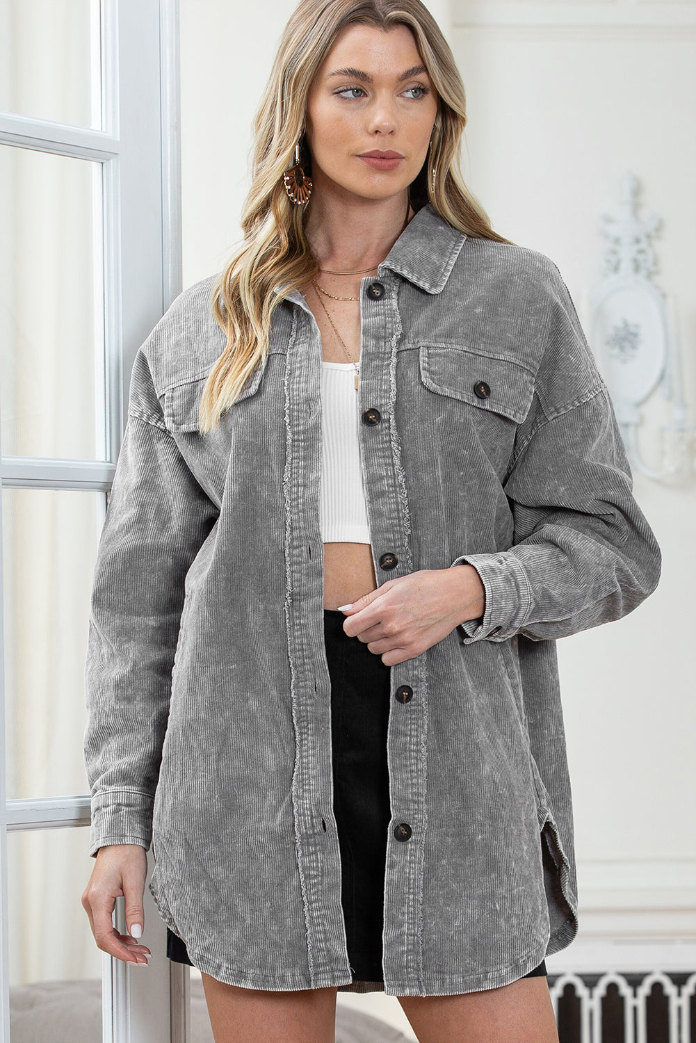 Khaki Vintage Distressed Mineral Wash Oversized Shacket