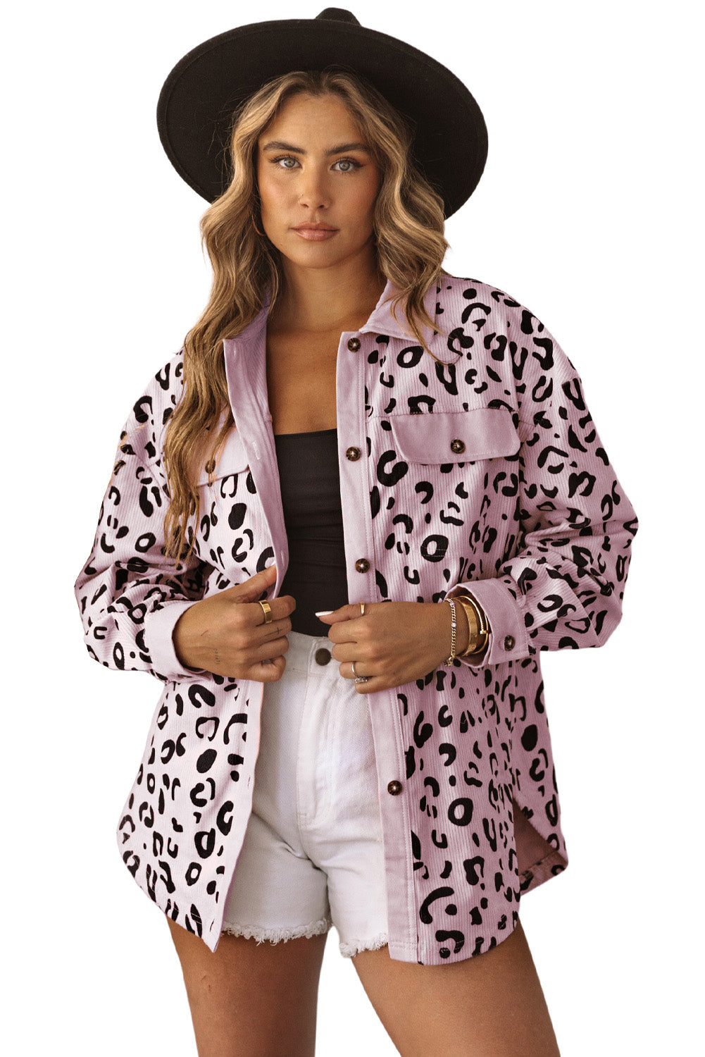 Apricot Leopard Collared Neckline Flap Pockets Corduroy Shacket