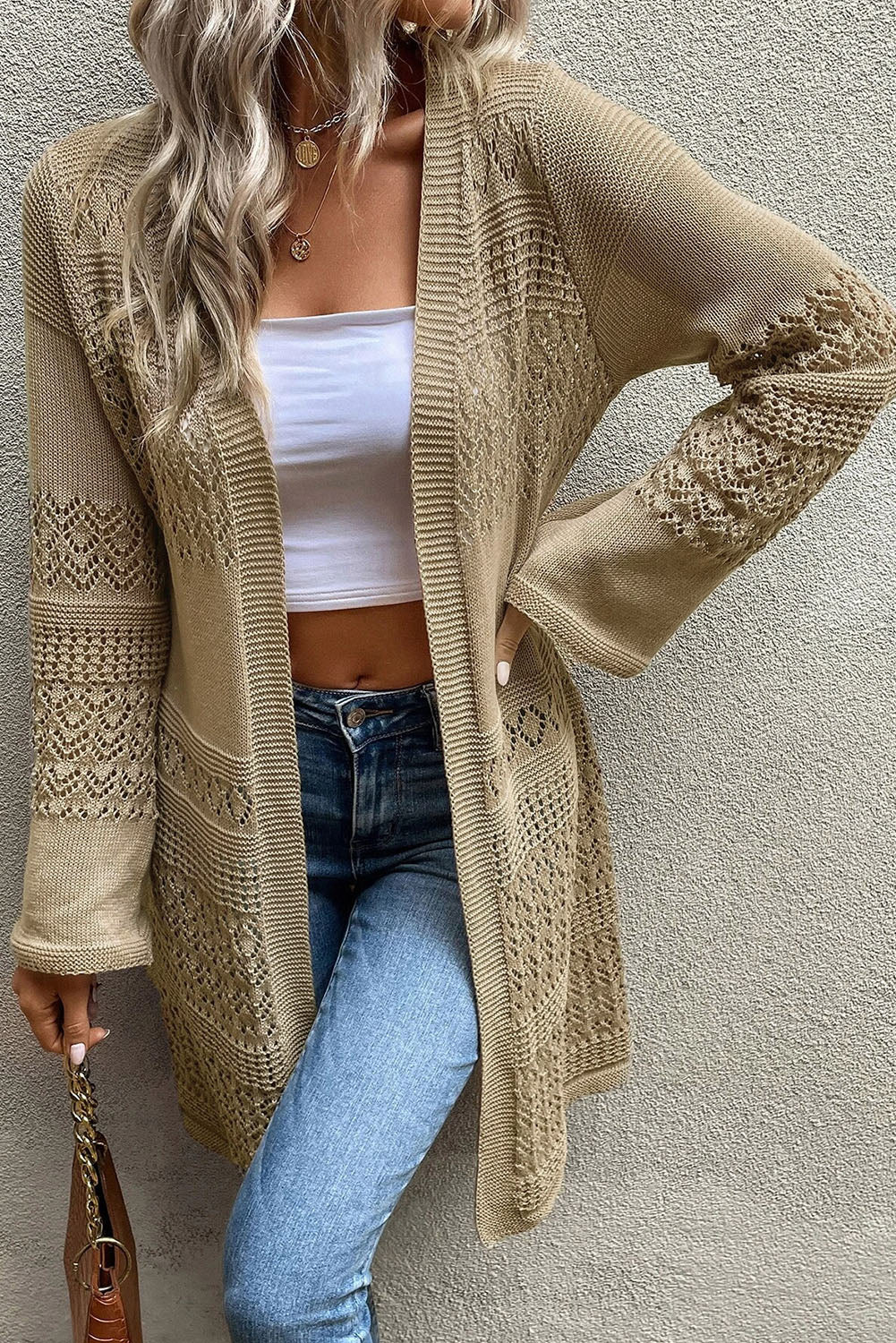 Black Pointelle Knit Open Front Long Cardigan
