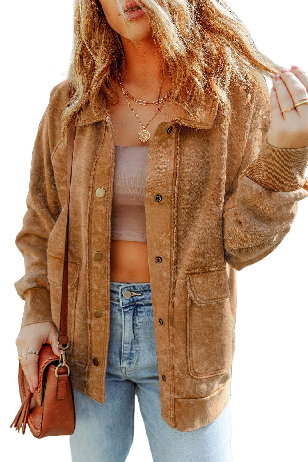 Gray Snap Button Casual Flap Pockets Washed Jacket