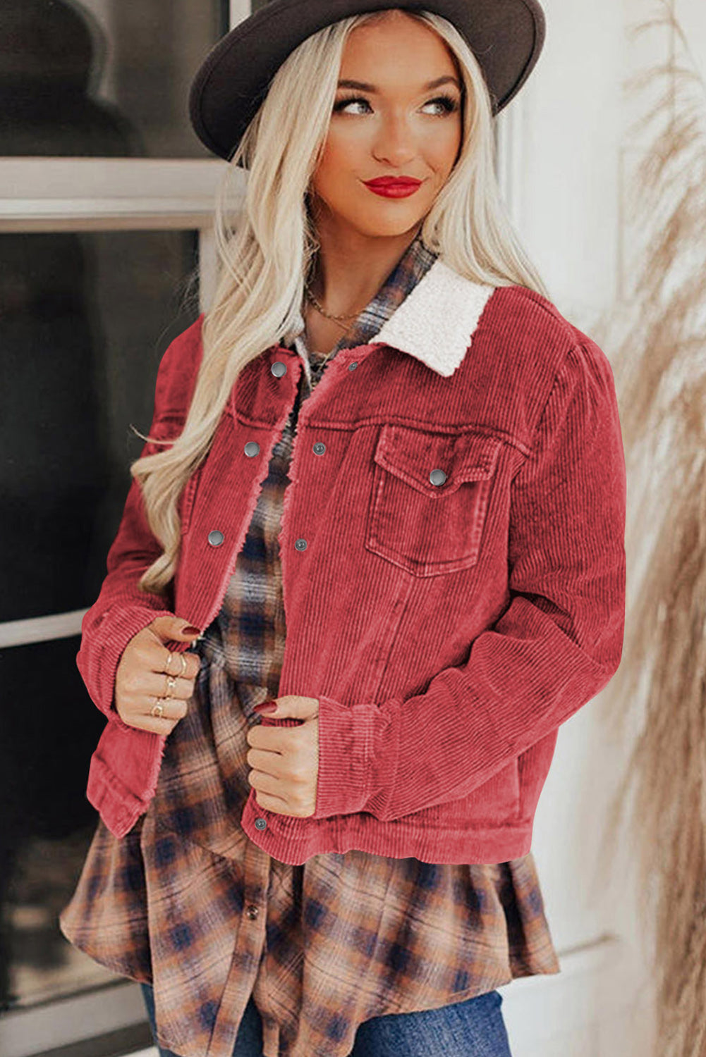 Gray Sherpa Snap Flap Pocket Cropped Corduroy Jacket