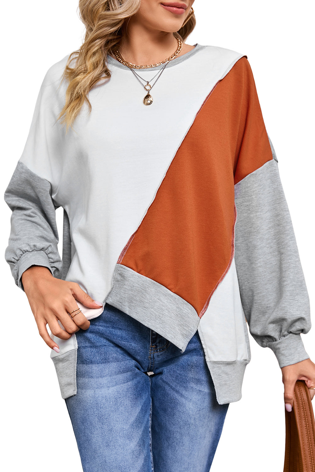 Pink Colorblock Stitching Irregular Hem Long Sleeve Top