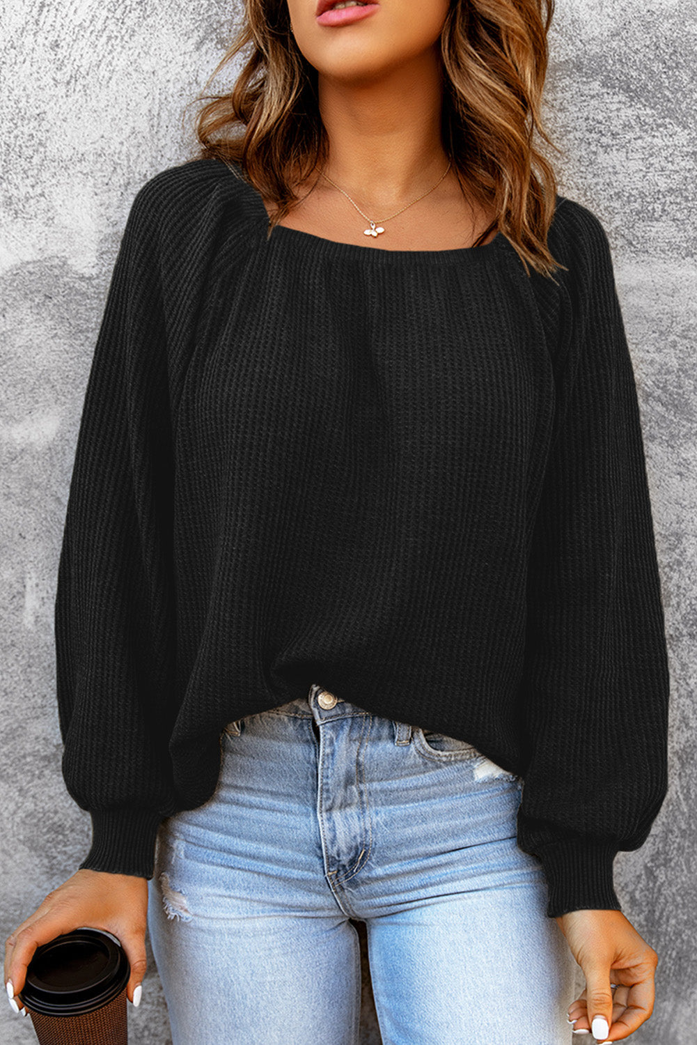 Pink Waffle Texture Casual Square Neck Pullover Top