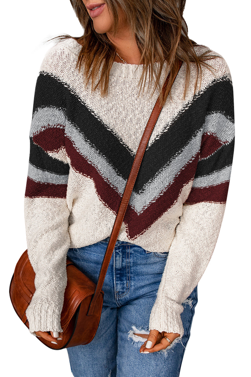 Chevron Striped Drop Shoulder Long Sleeve Pullover Sweater