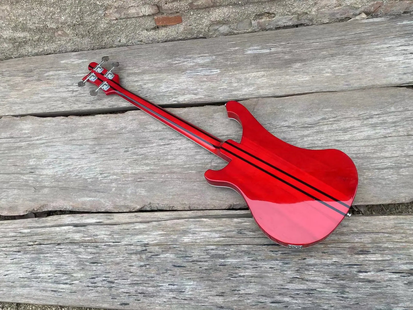 5-piece Neck Thru Body Red Electric Bass Guitar with Adjustable Bridge, Checkerboard Binding