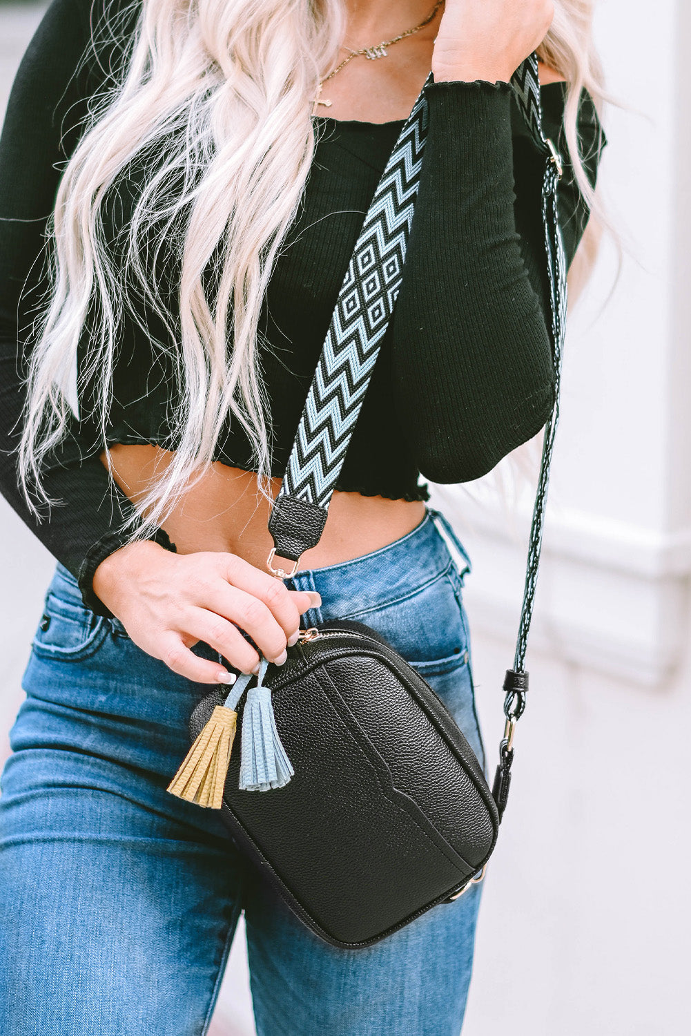 Black Geometric Print Strap Tassel Shoulder Bag