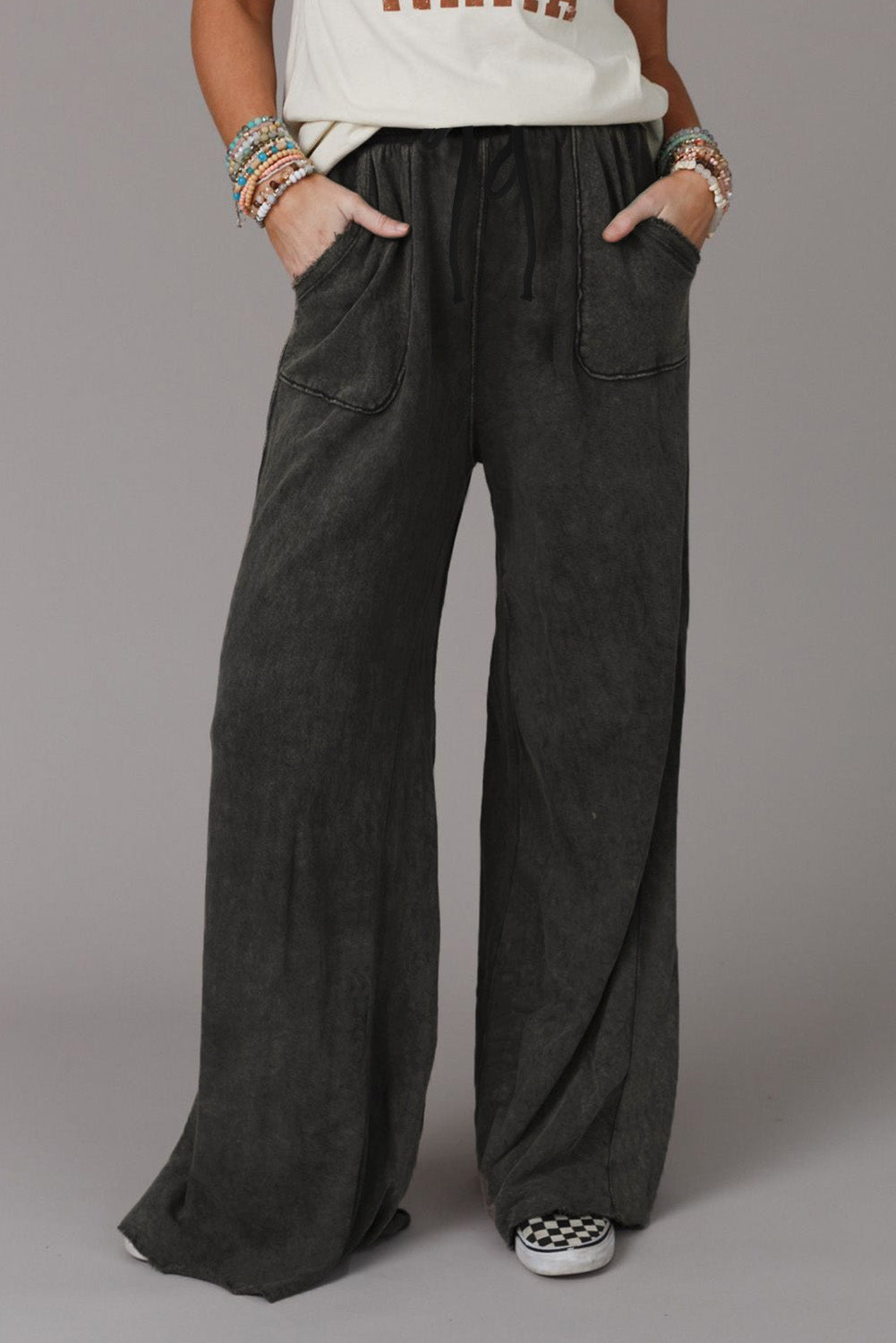 Apricot Mineral Washed Drawstring High Waisted Wide Leg Pants