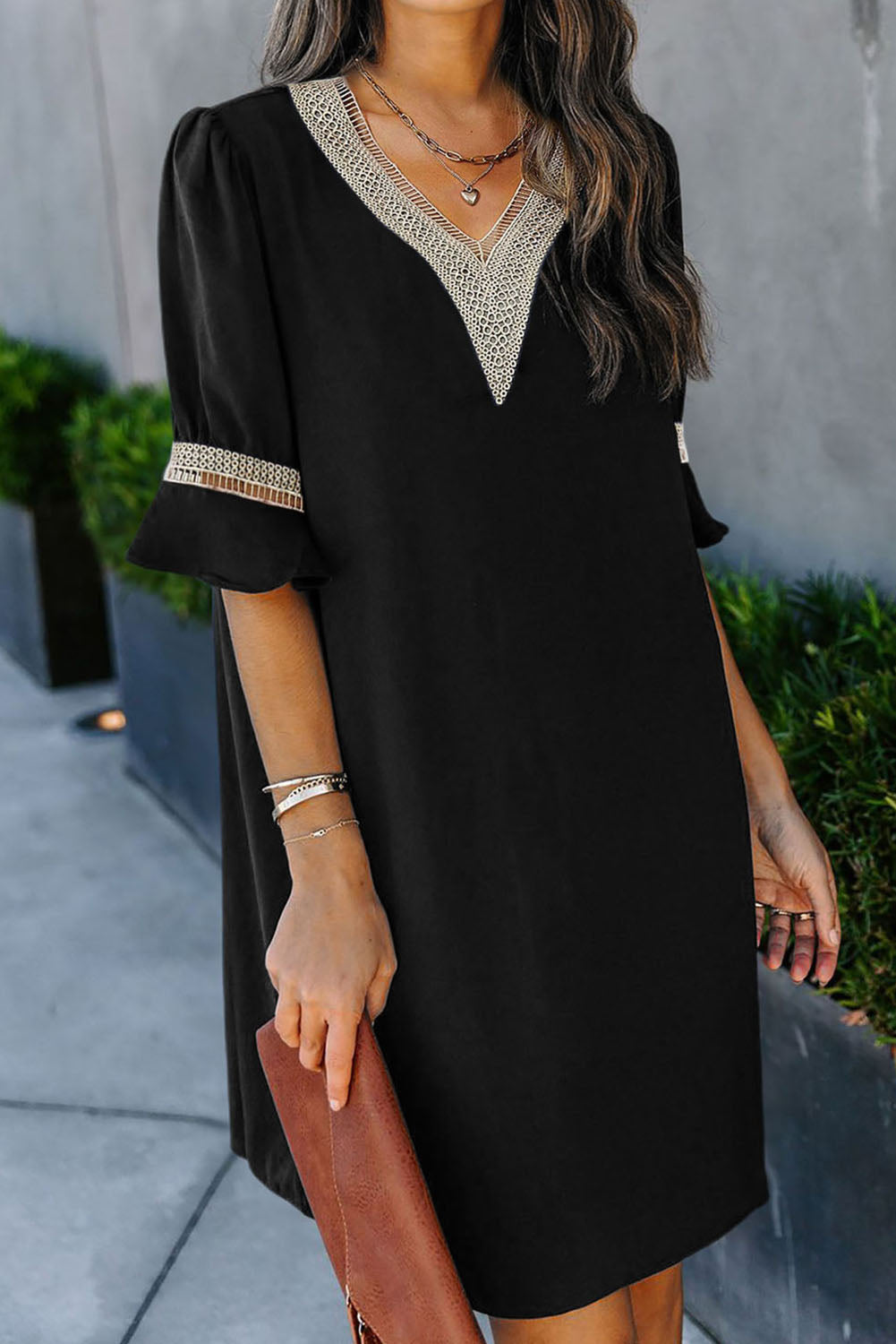 Black Lace Crochet Splicing V Neck Shift Dress