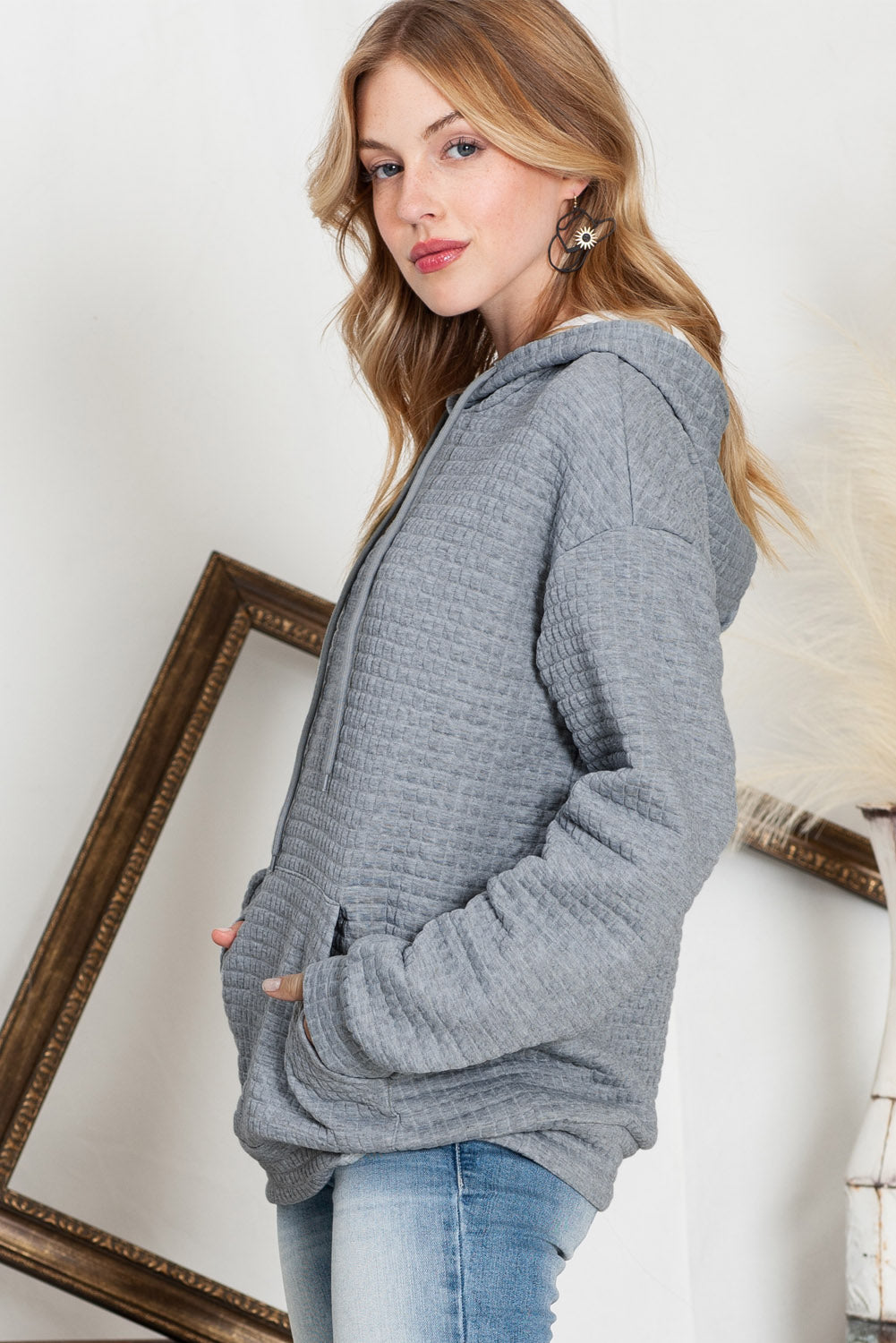 Khaki Lattice Textured Kangaroo Pocket Drawstring Hoodie