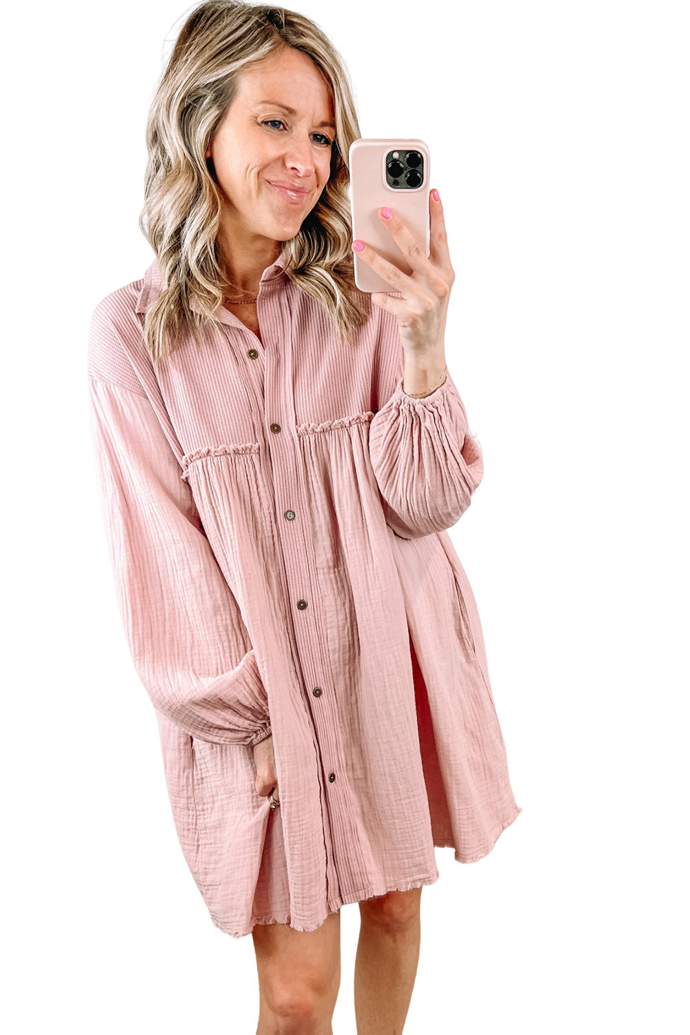 Pink Ribbed Crinkle Patchwork Puff Sleeve Raw Hem Shirt Dress