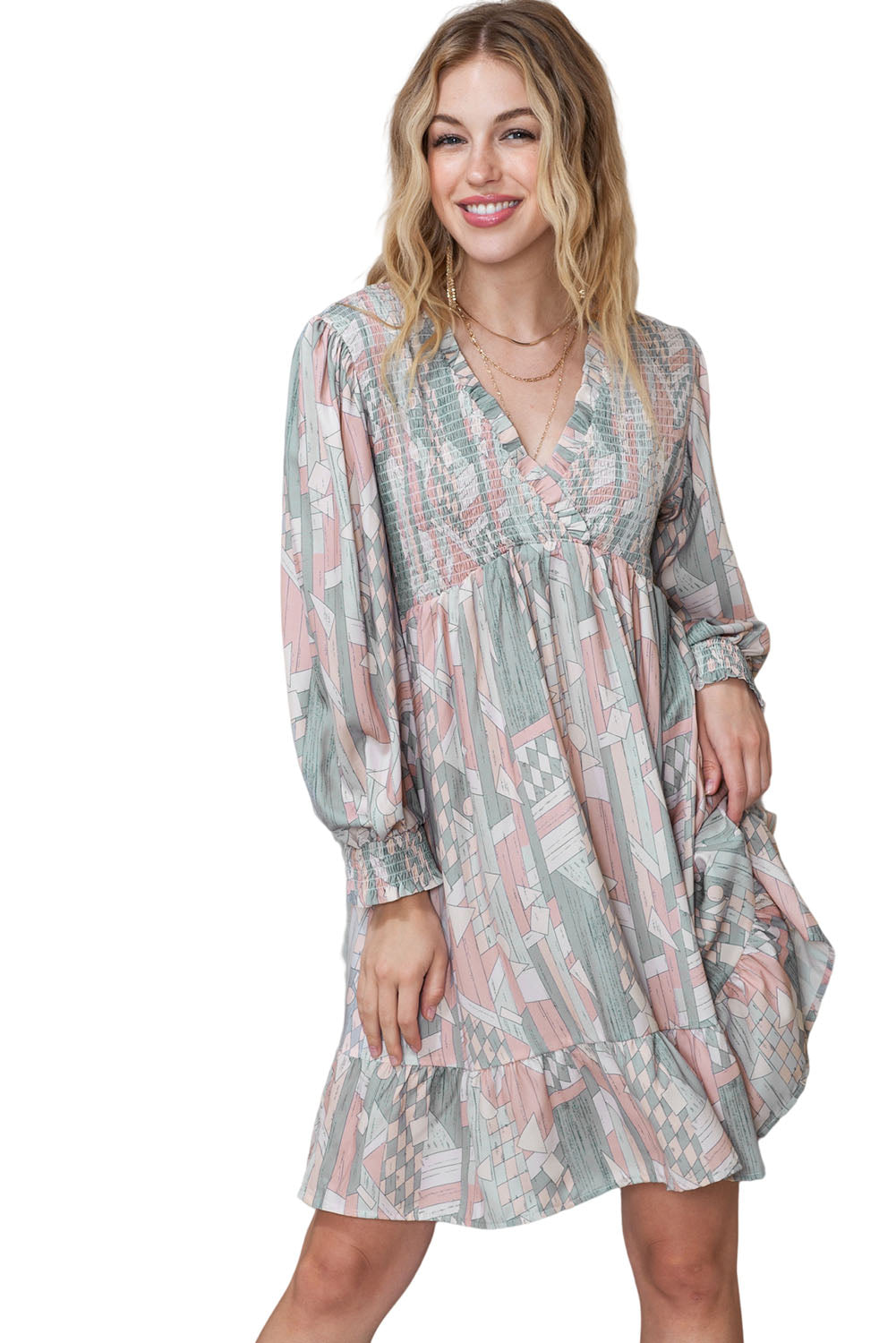 Multicolor Abstract Print Bishop Sleeve Smocked V Neck Dress