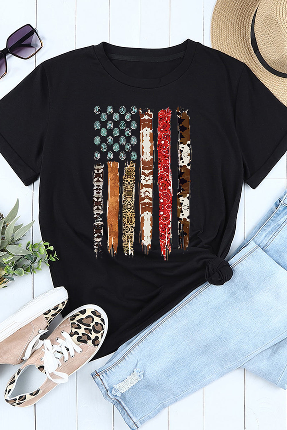 Black American Flag Print Black Graphic Tee