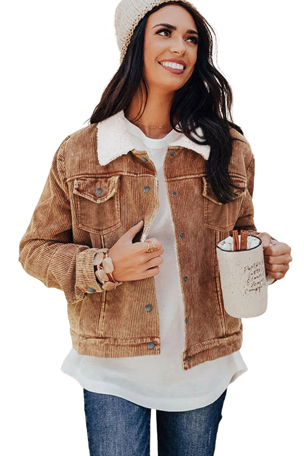 Gray Sherpa Snap Flap Pocket Cropped Corduroy Jacket