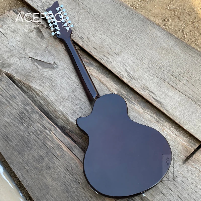 GROTE 12 String F holes Semi Hollow Body Electric Guitar (Sunburst Flamed Maple with Abalone Flower Inlays)
