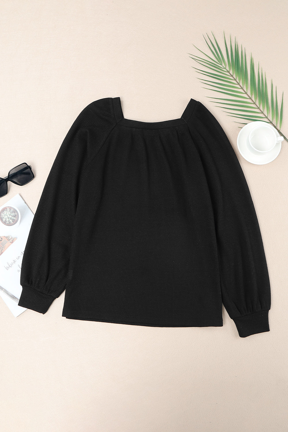 Pink Waffle Texture Casual Square Neck Pullover Top