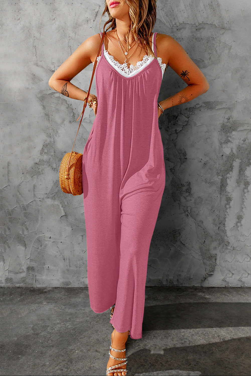 Black Casual Spaghetti Straps Wide Leg Pocketed Jumpsuits