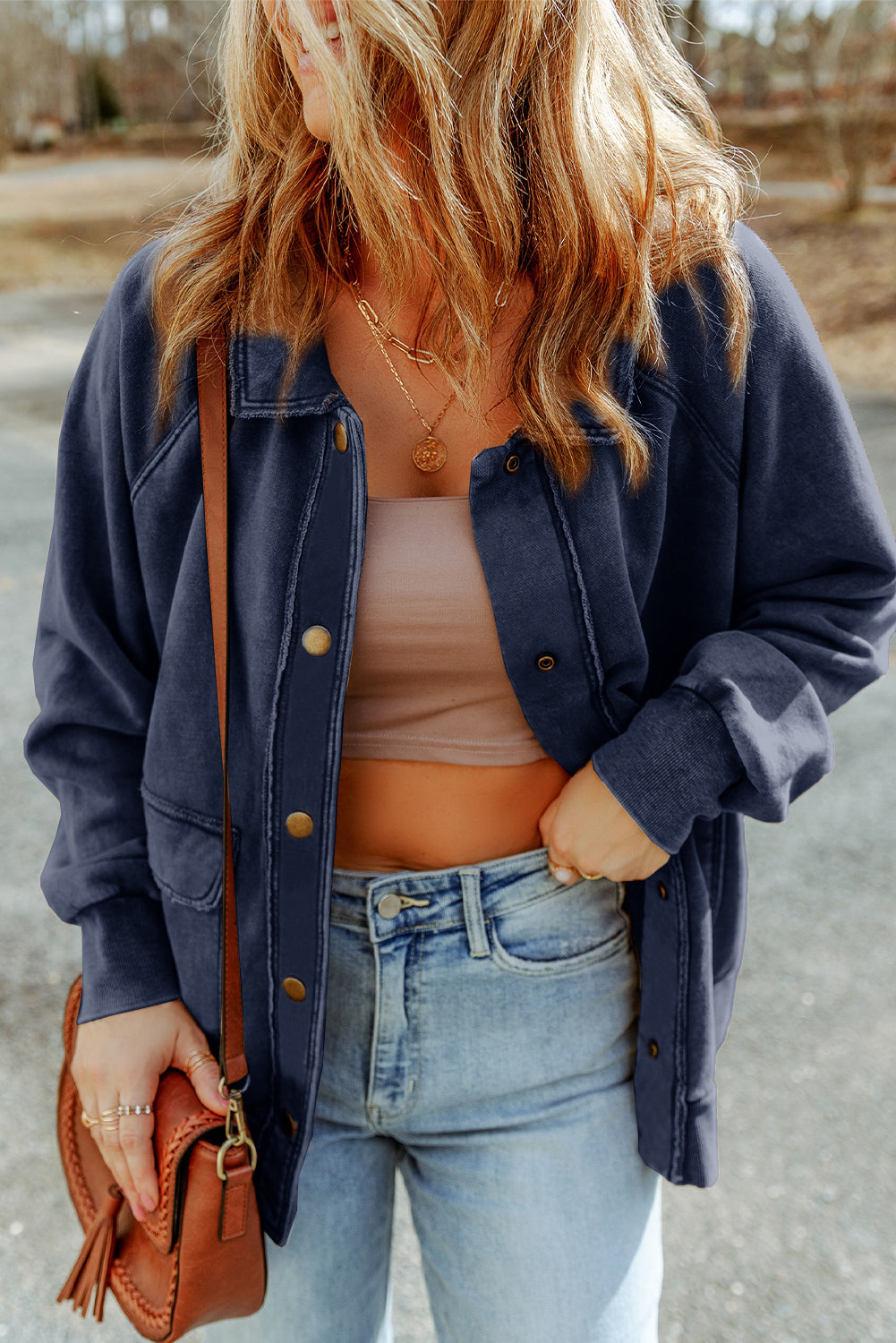 Gray Snap Button Casual Flap Pockets Washed Jacket