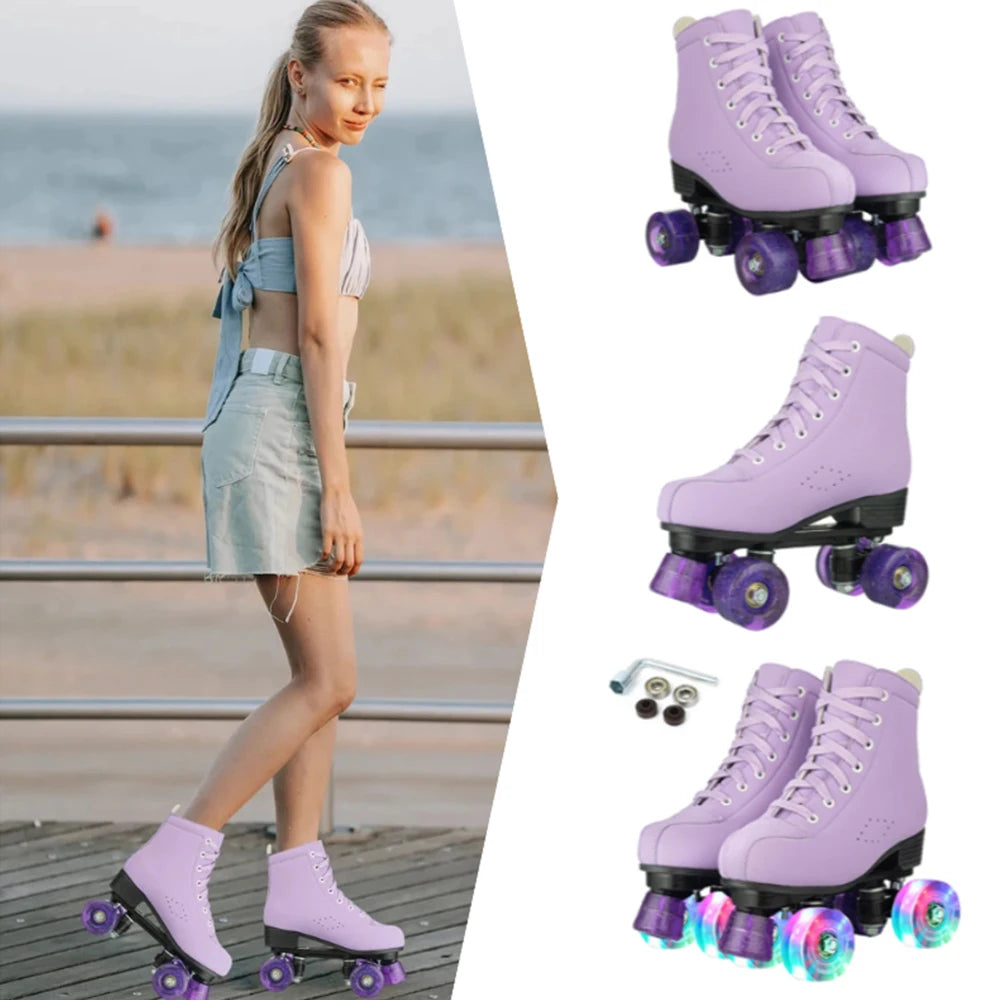 Women's Purple PU Leather Quad Roller Skates with LED Wheels