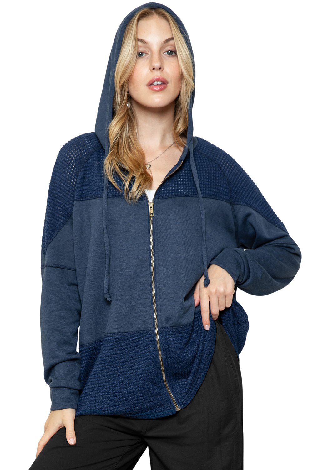 Khaki Dark Washed Patchwork Zip Up Hooded Jacket