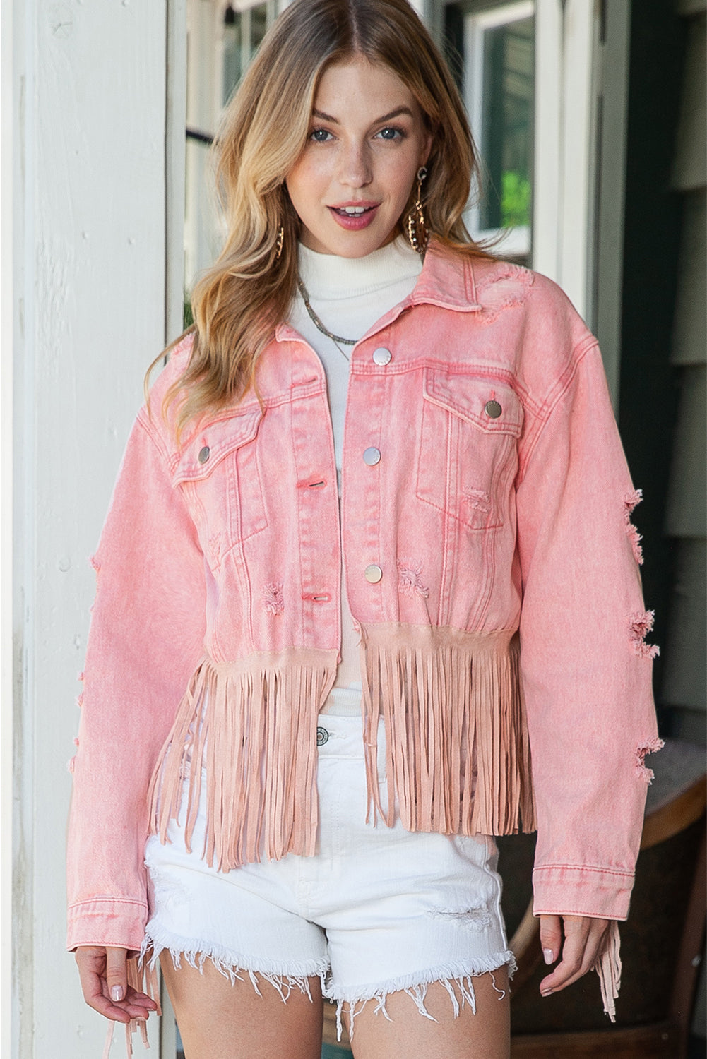 Pink Distressed Ripped Fringe Hem Cropped Denim Jacket