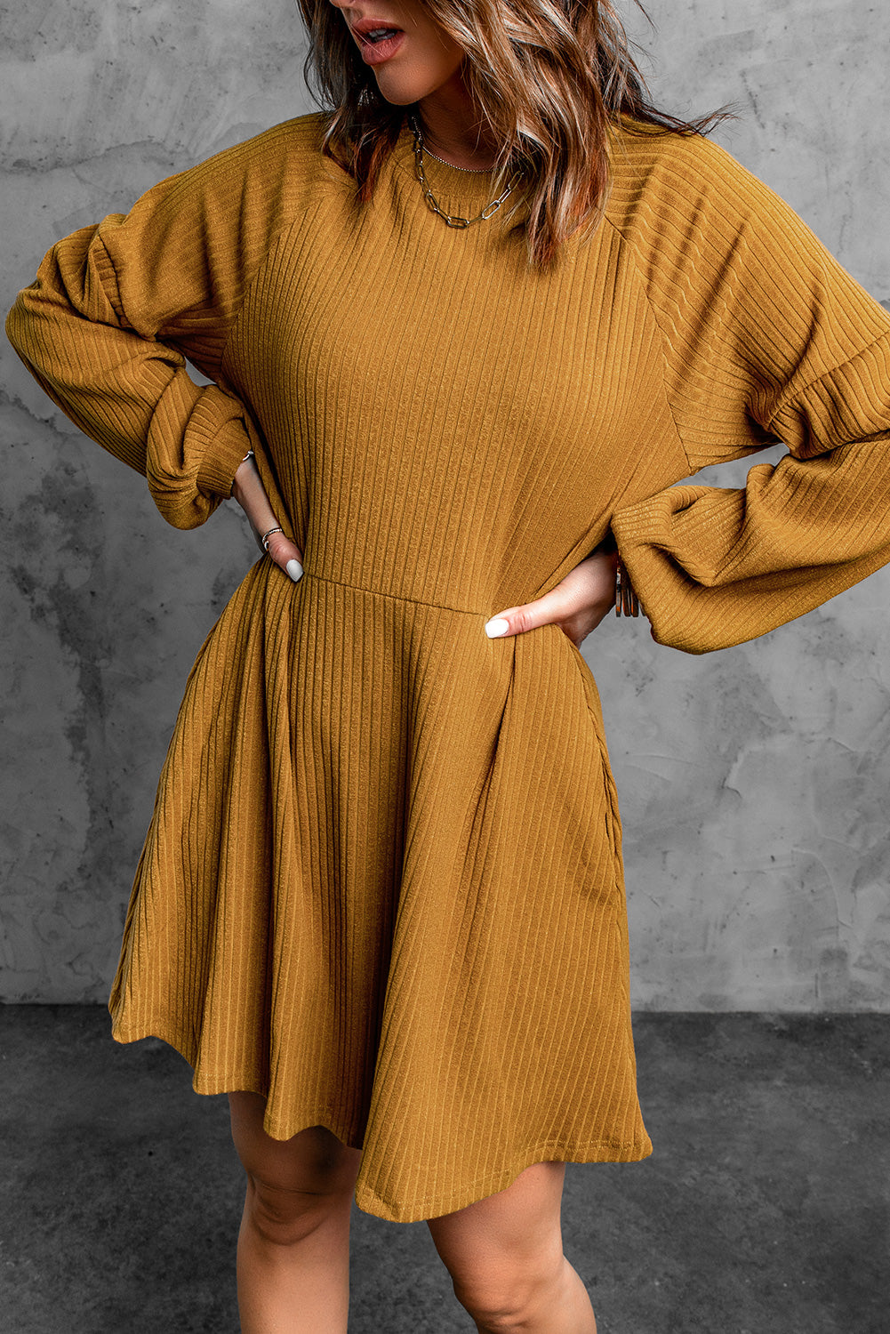 Black Round Neck Empire Waist Ribbed Short Knit Dress