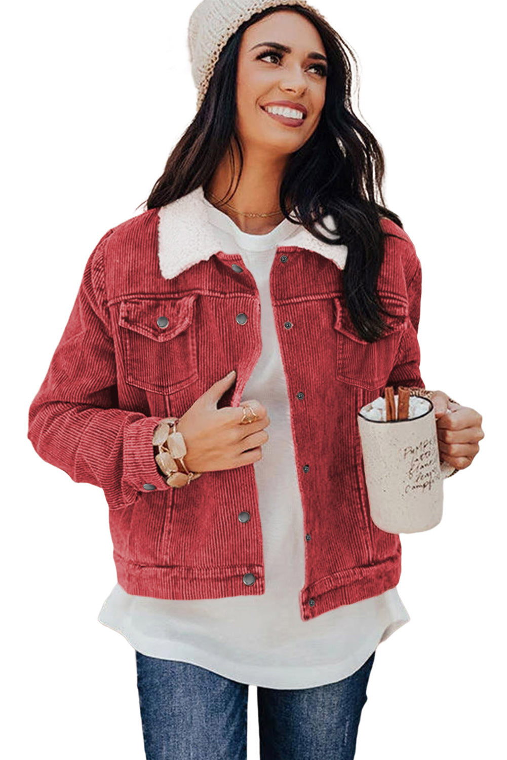 Gray Sherpa Snap Flap Pocket Cropped Corduroy Jacket