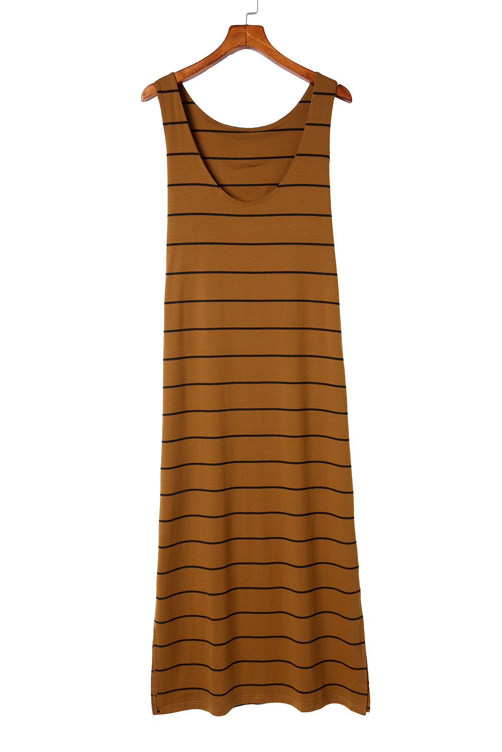 Brown Striped Backless Casual Side Slits Maxi Dress
